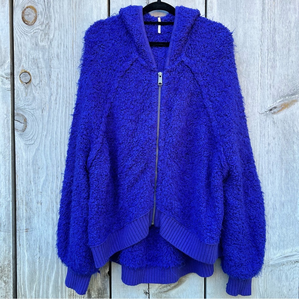 Free People oversized blue purple high low hem front zip sherpa hooded sweater